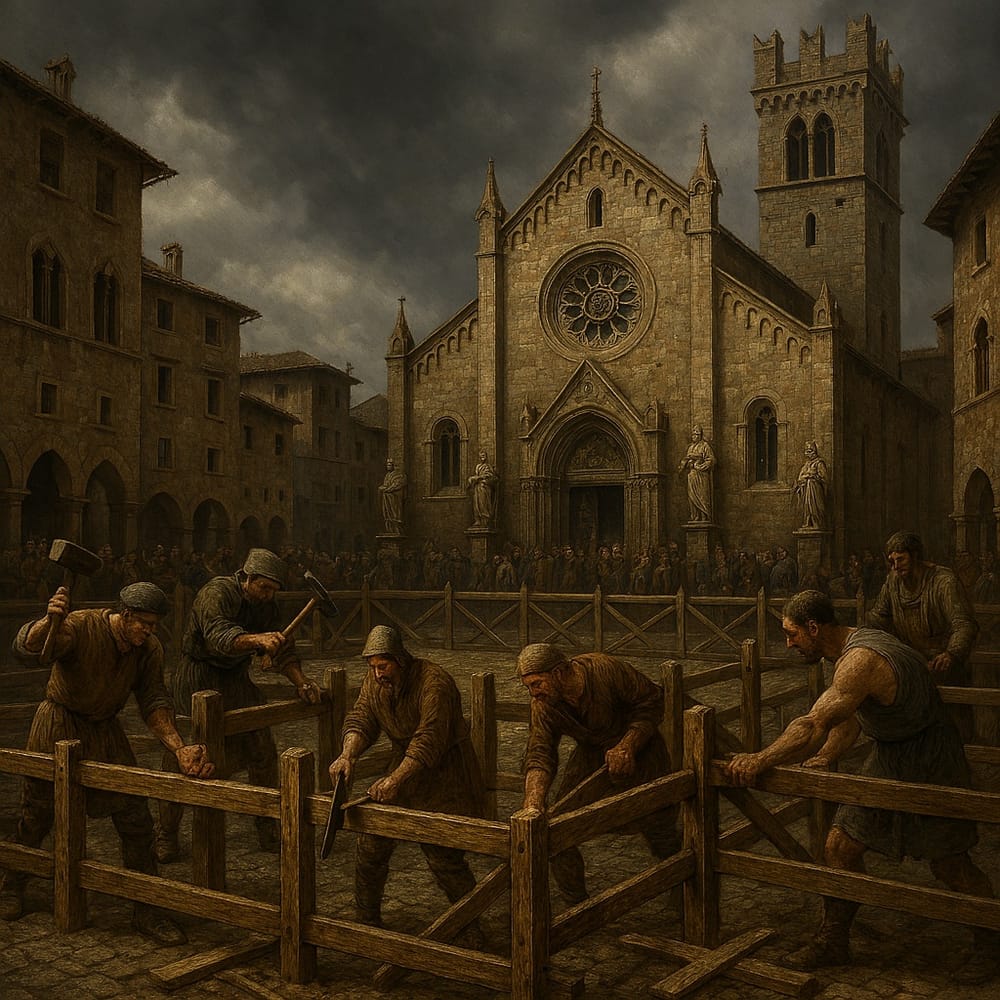 Workers erect wooden barricades in the Piazza di San Giorgio as the townspeople gather for the approaching trial by battle.